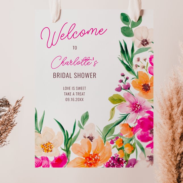 Poster Chá de panela de boas-vindas de flores corajosas (Bright bold wild flowers welcome bridal shower poster on white)