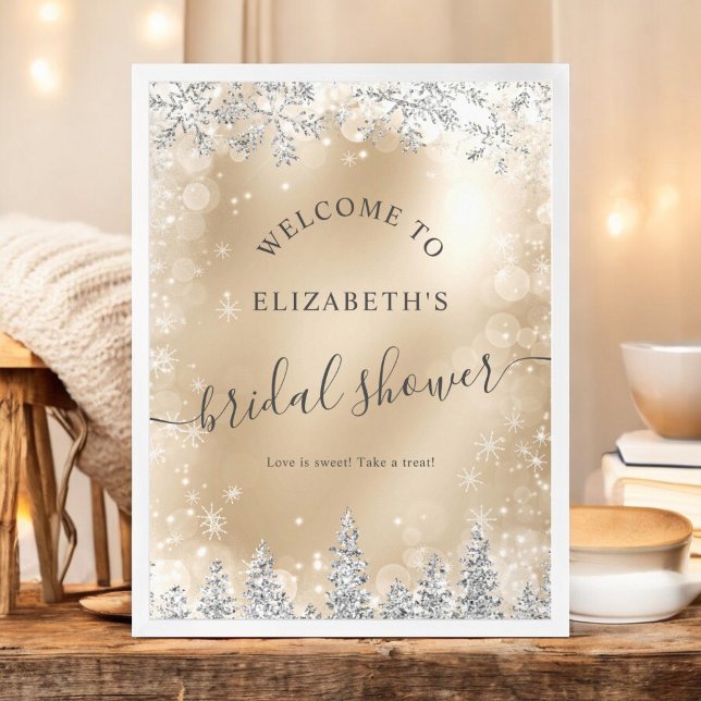 Poster Chá de panela de boas-vindas do pinheiro de ouro q (Silver chic gold snow pine welcome bridal shower poster)