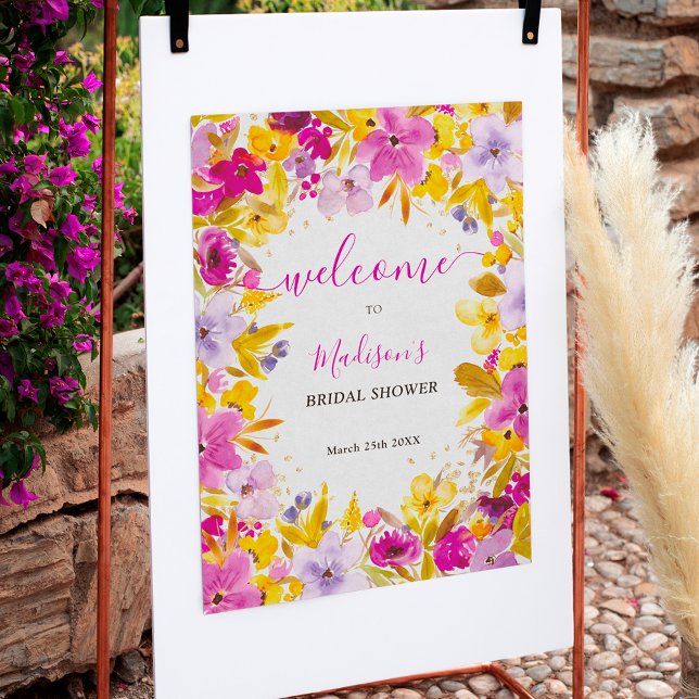 Poster Chá de panela de boas-vindas floral roxo do Boho m (Boho modern purple floral welcome bridal shower poster)
