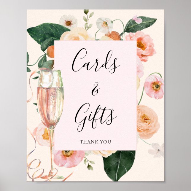 Poster Chá de panela de Champanhe Floral Rosa Moderno (Frente)