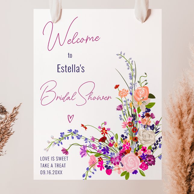 Poster Chá de panela de guião de flores selvagens moderna (Modern wild flowers script bridal shower welcome poster)