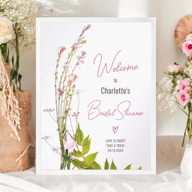 Poster Chá de panela de guião de flores selvagens moderna (Modern wild flowers script bridal shower welcome poster)