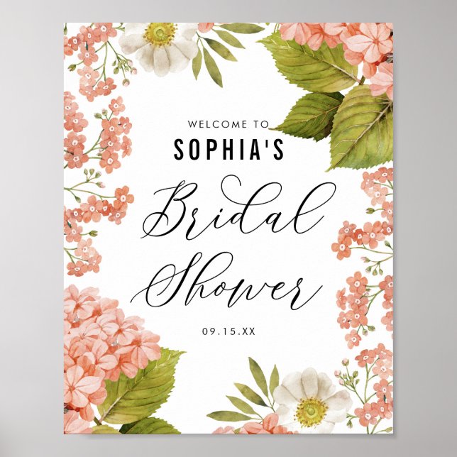 Poster Chá de Panela de Hidrangeas em Aquarela Cor de Pês (Frente)