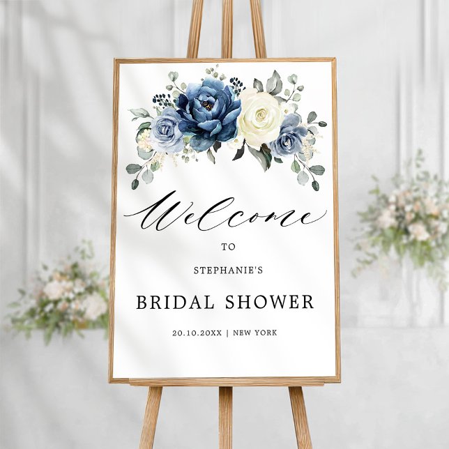 Poster Chá de panela de Marfim de Champagne azul Dusty Be (Dusty Blue Champagne Ivory Bridal Shower Welcome Poster)