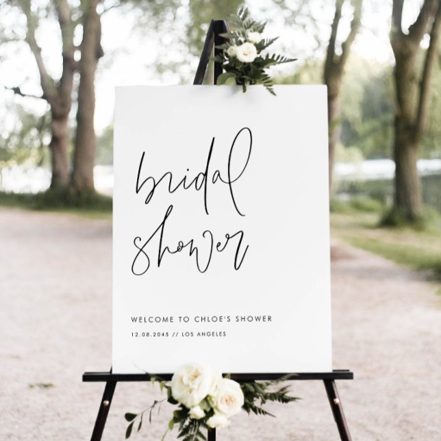 Poster Chá de panela de Script Manuscrito Preto Minimalis (This bridal shower sign features minimalist handwritten script, perfect for modern showers.)