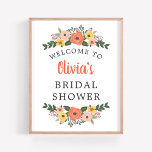 Poster Chá de panela Floral Blush Coral Blush Bem-vindo<br><div class="desc">Poster / sinal de boas-vindas do chá de panela de casamento apresenta texto na moda enquadrado por um verão caprichoso ou caído no design de coroa floral com flores coloridas de aquarela, folhas e verde em tons de rosa-pincel, amarelo-ouro, coral, vermelho-alaranjado, roxo violeta e verde. Inclui texto personalizado na moda...</div>