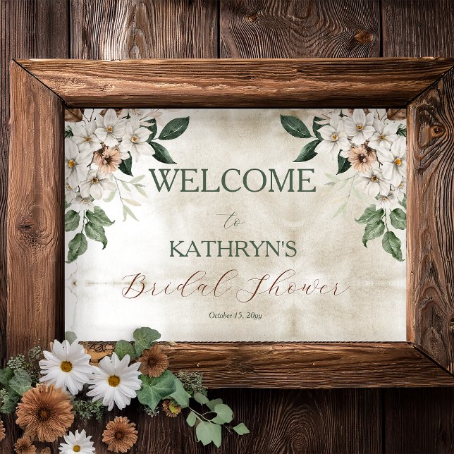 Poster Chá de panela Floral Boho Mudo (Boho Muted Fall Floral and Grapevine Wreath "Fall in Love" Bridal Shower Welcome Poster)