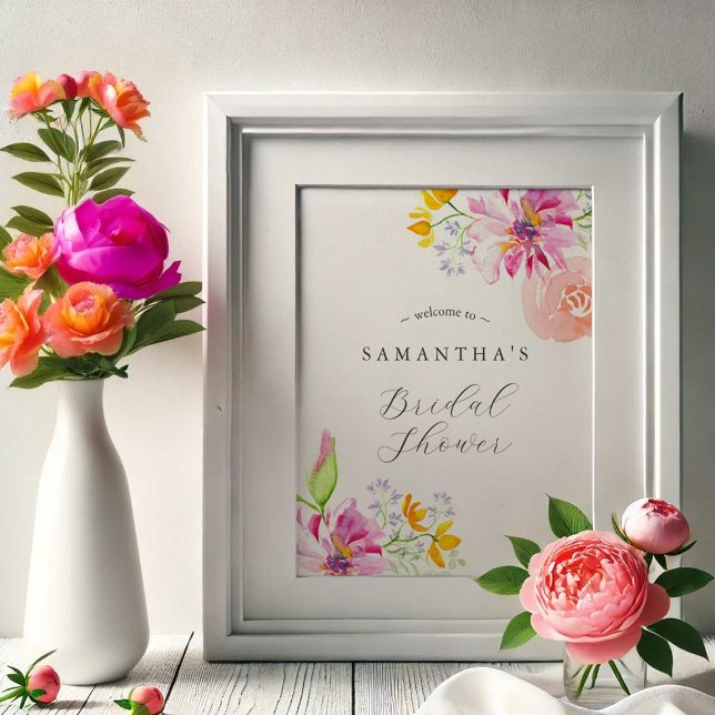 Poster Chá de panela Floral Colorida Watercolor (Bridal shower posters watercolor pink and orange floral art by Victoria Grigaliunas DoTellABelle)