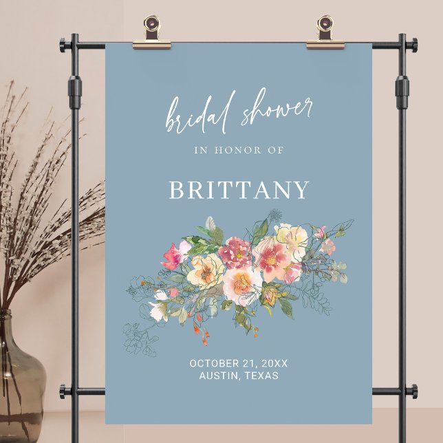 Poster Chá de panela Floral de Cor Azul Dusty (Dusty Blue Watercolor Floral Bridal Shower Welcome Poster )