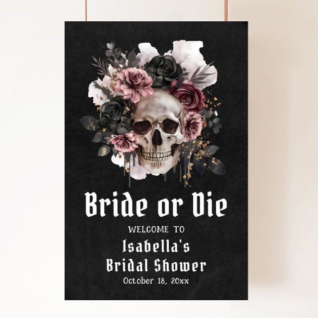 Poster Chá de panela Floral de Halloween Negro Bem-vindo (Black Halloween Floral Skull Bridal Shower Welcome Poster)