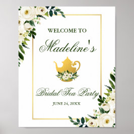 Poster Chá de panela Floral Dourado Verde, Tea Party Bem-