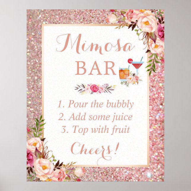 Poster Chá de panela Floral Mimosa, Bar rosa Dourado (Frente)