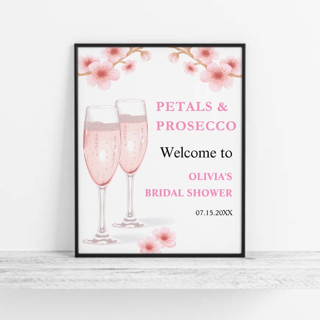 Poster Chá de panela Floral Petals & Prosecco Bem-vindo (Petals & Prosecco Blush Pink Watercolor Floral Bridal Shower Welcome Sign   )