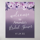 Poster Chá de panela Floral Purple Elegante Bem-vindo<br><div class="desc">Sinal de boas-vindas do Chá de panela Floral Purple Elegante</div>