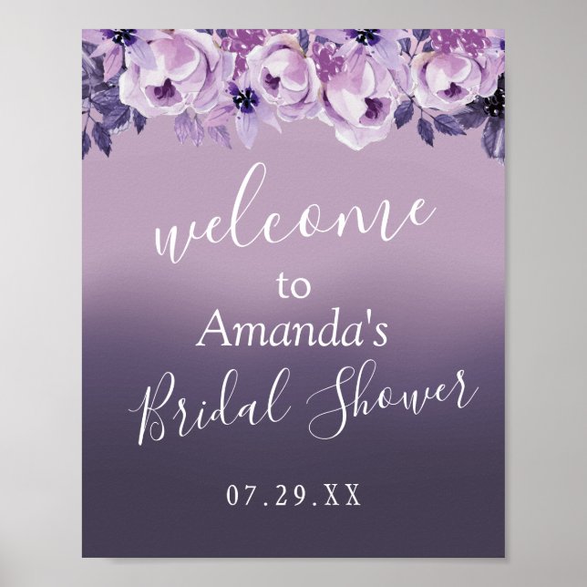 Poster Chá de panela Floral Purple Elegante Bem-vindo (Frente)