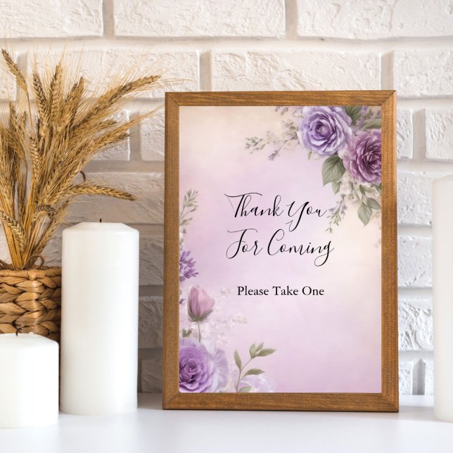 Poster Chá de panela Floral Roxo Sinal de Mesa Favorito (Purple watercolor floral Bridal Shower Wedding Shower Favor table sign)