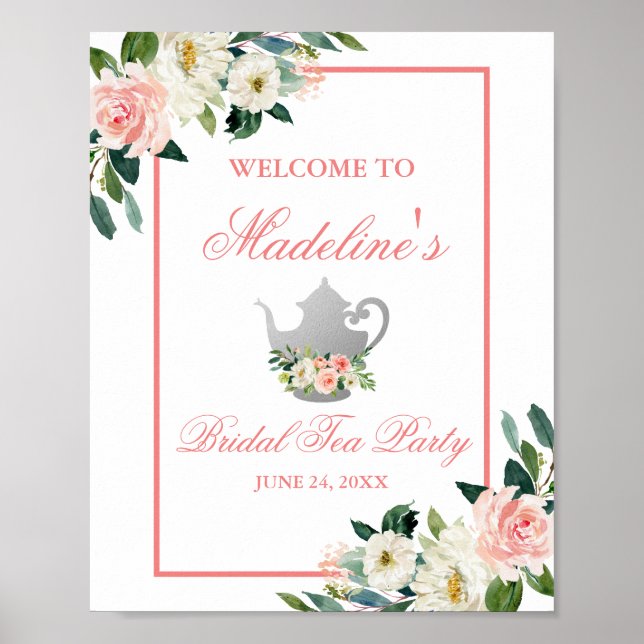 Poster Chá de panela Floral Tea Party Pink Silver Welcome (Frente)