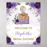 Poster Chá de panela Floral Viagem Roxo Dourado<br><div class="desc">Viagem com sinal de boas-vindas para chá de panela,  chá de fraldas,  casamento,  etc.,  com elegantes flores roxas de aquarela,  malas vintage e um globo lavanda bonito</div>