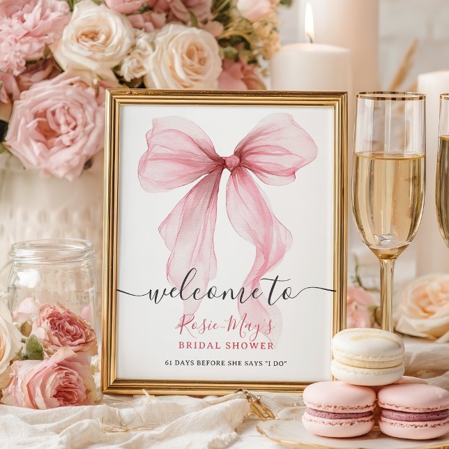 Poster Chá de panela Rosa Coquette Chic Boas-vindas (Chic Coquette Pink Bow Bridal Shower Welcome Poster)