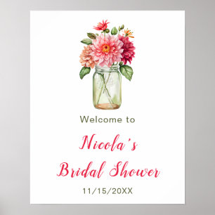 Poster Chá de panela Rosa Dahlias Mason Jar Bem-vindo