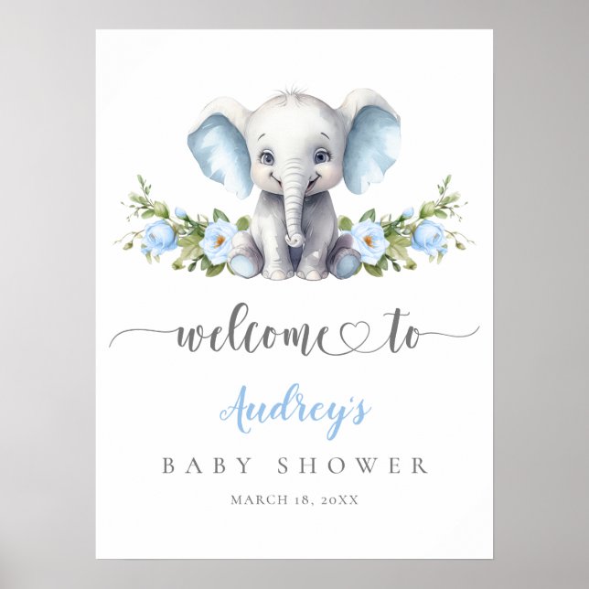 Poster Chá Elefante Blue Floral Baby Boy bem-vindo (Frente)