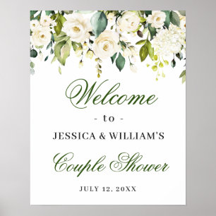 Poster Chá Elegante de Casais de Rosas Brancas Eucalyptu