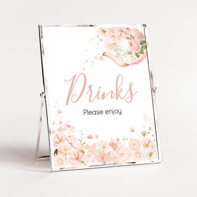 Poster Chá Floral Rosa para Duas Bebidas Chás de fraldas (Pink Floral Tea for Two Baby Shower Drinks Sign)