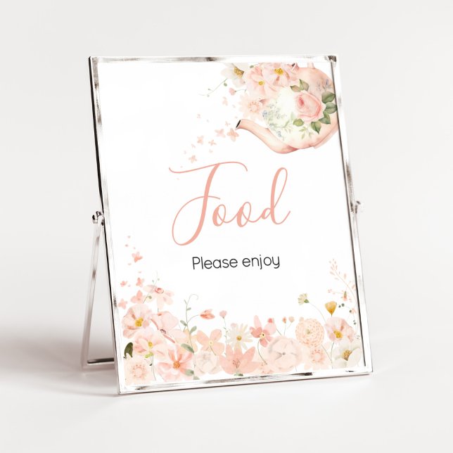 Poster Chá Floral Rosa para Duas Comidas para Chá de Bebê (Pink Floral Tea for Two Baby Shower Food Sign)