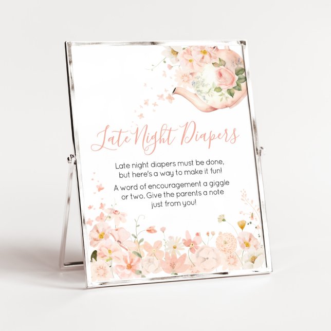 Poster Chá Floral Rosa para Duas Fraldas Noturnas Tardes (Pink Floral Tea for Two Baby Shower Late Night Diapers Sign)