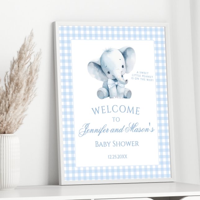 Poster Chá Gingham Baby Boy Gingham, Pequeno Elefante Azu (Criador carregado)