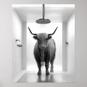 Poster Chá Highland Cow Bathroom Preto e Branco
