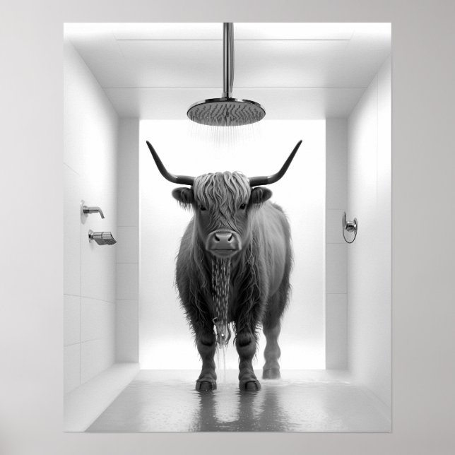 Poster Chá Highland Cow Bathroom Preto e Branco (Frente)