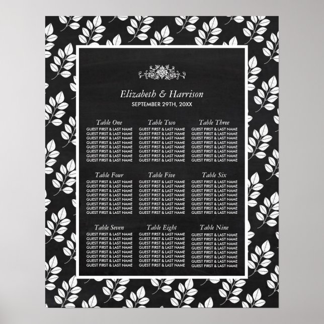 Poster Chalkboard Floral Leaf Wedding Seating Chart (Frente)