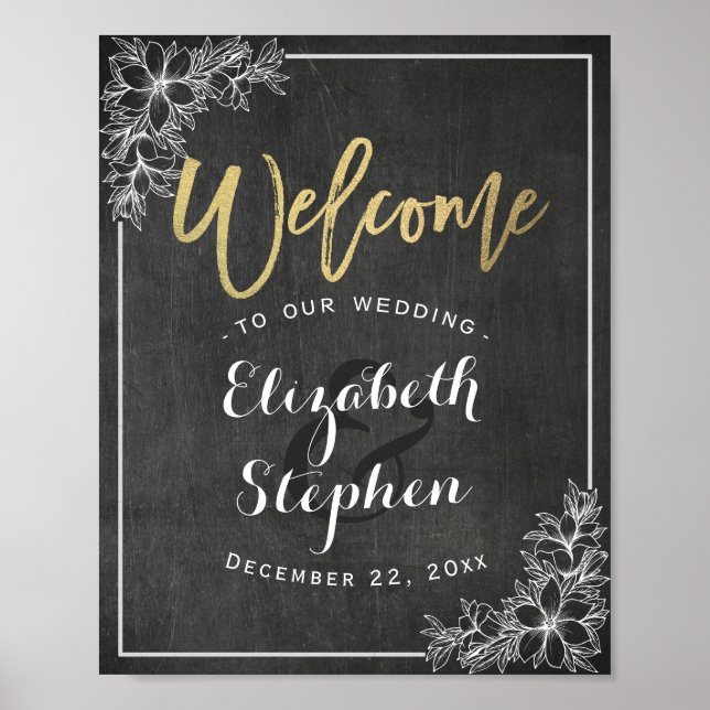 Poster Chalkboard Floral Wedding Recepção Sinal de Boas-v (Frente)