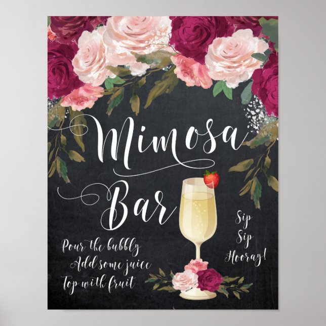Poster Chalkboard Mimosa Bar Sinal burgundy floral (Frente)