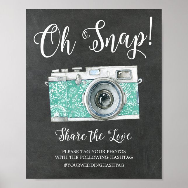 Pôster Chalkboard Oh Snap Camera Hashtag Sinal de Casamen (Frente)