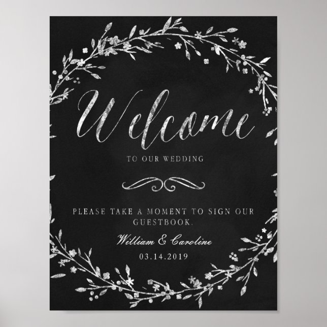 Pôster Chalkboard Wreath Weding Sinal Guestbook (Frente)