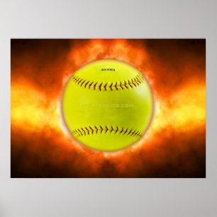 Poster Chamas de bola de fogo de softball amarelo do Slip