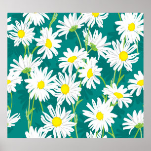 Poster Chamomile Turquoise: Ilustração Sem Costura Floral