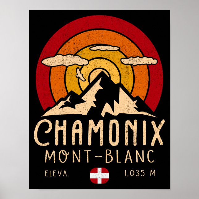 Poster Chamonix França Retro Sunset Skiing Souvenirs 80s (Frente)