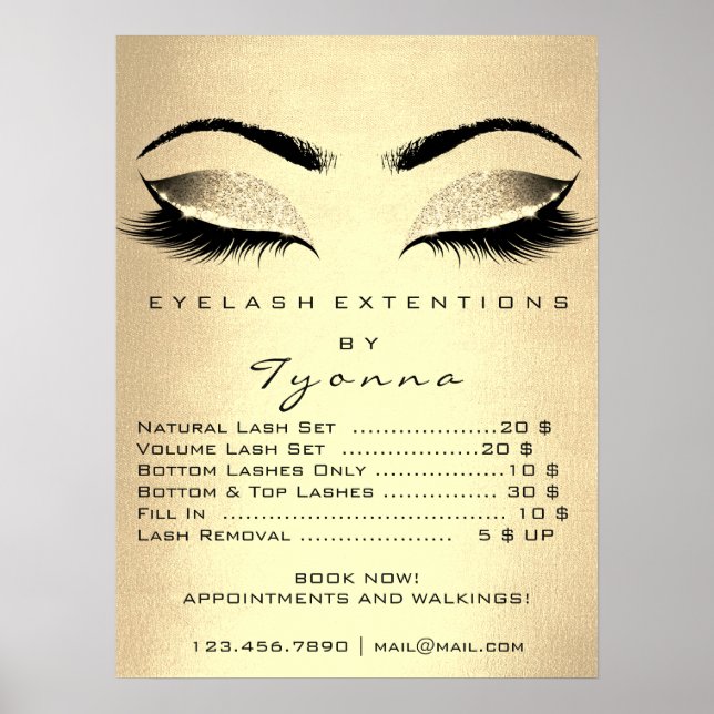Poster Champaigne Dourado Makeup Artist Lashes Preços (Frente)