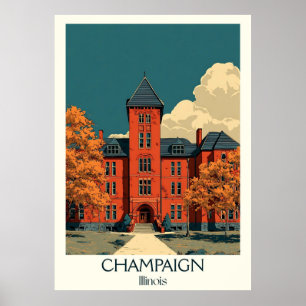 Poster Champaing Illinois Vintage University Campus Art