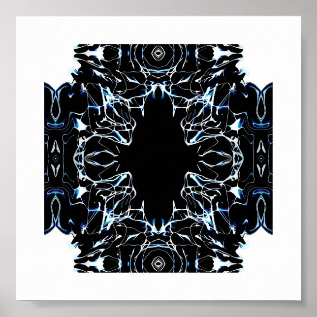 Poster Chaotic Abstract Blue on Black and White Fluid Art (Frente)