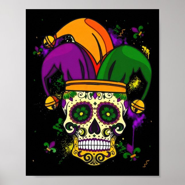 Poster Chapéu de Bobo Caveira de Açúcar Mardi Gras Terça- (Frente)