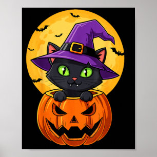 Poster Chapéu De Bruxa De Gato Preto Fofo Em Abóbora Mulh