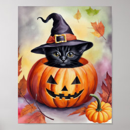 Poster Chapéu de Bruxas de Abóbora de Gatinho Preto