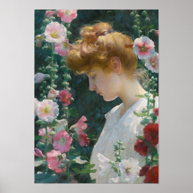 Poster Charles Courtney Curran Hollyhocks e luz solar (Frente)