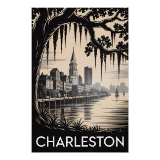 Pôster Charleston Carolina do Sul Preto Branco Xilogravur