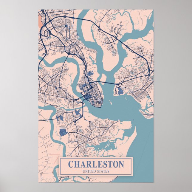 Poster Charleston Estados Unidos Mapa da Cidade Ventilada (Frente)