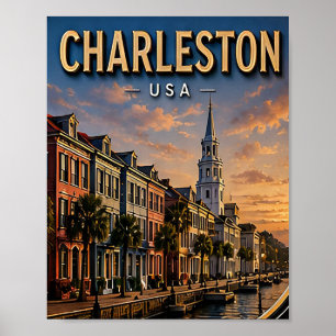 Poster Charleston Histórico Frente Marítimo e Rainbow Row